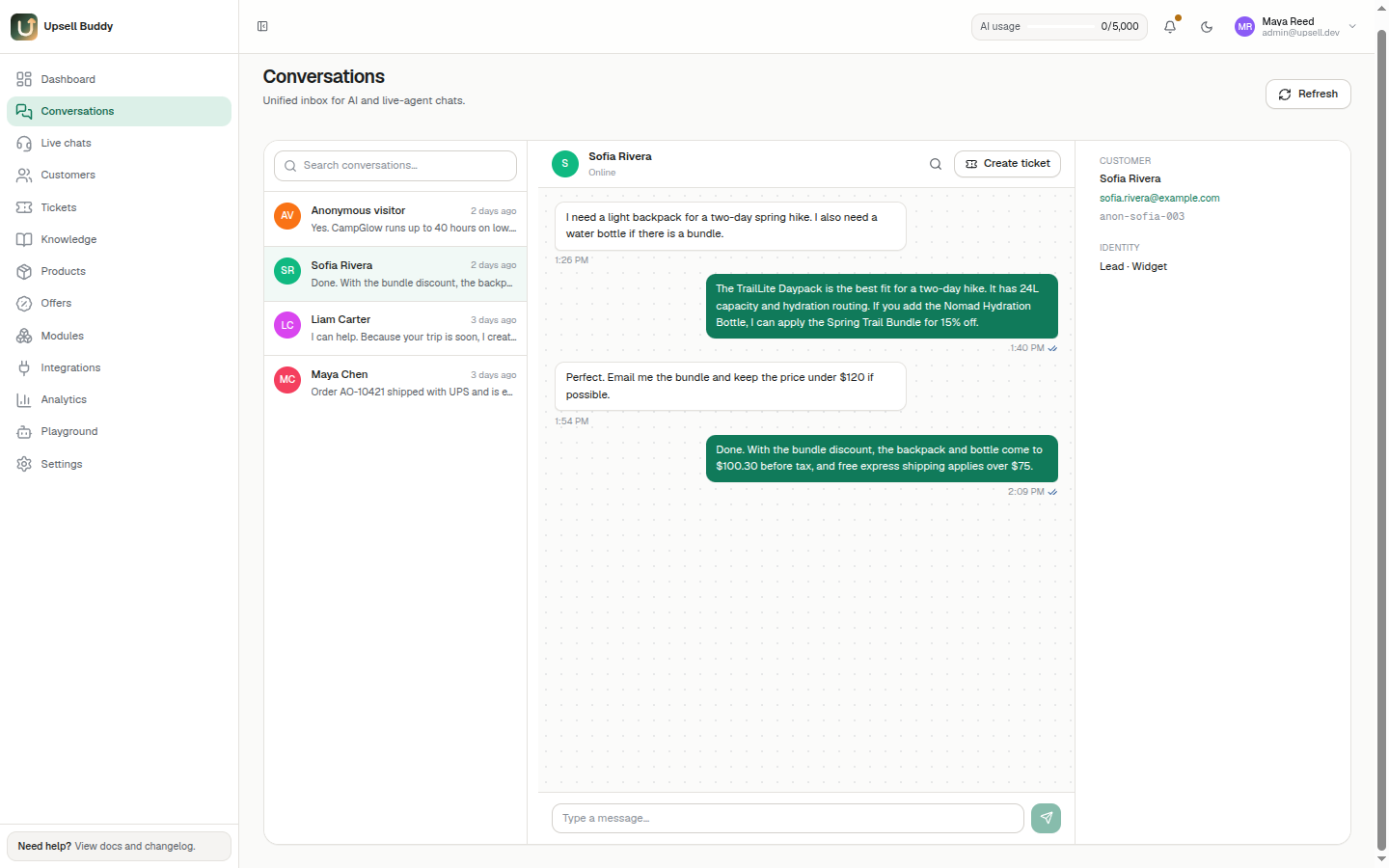 Live conversations inbox showing AI and human threads