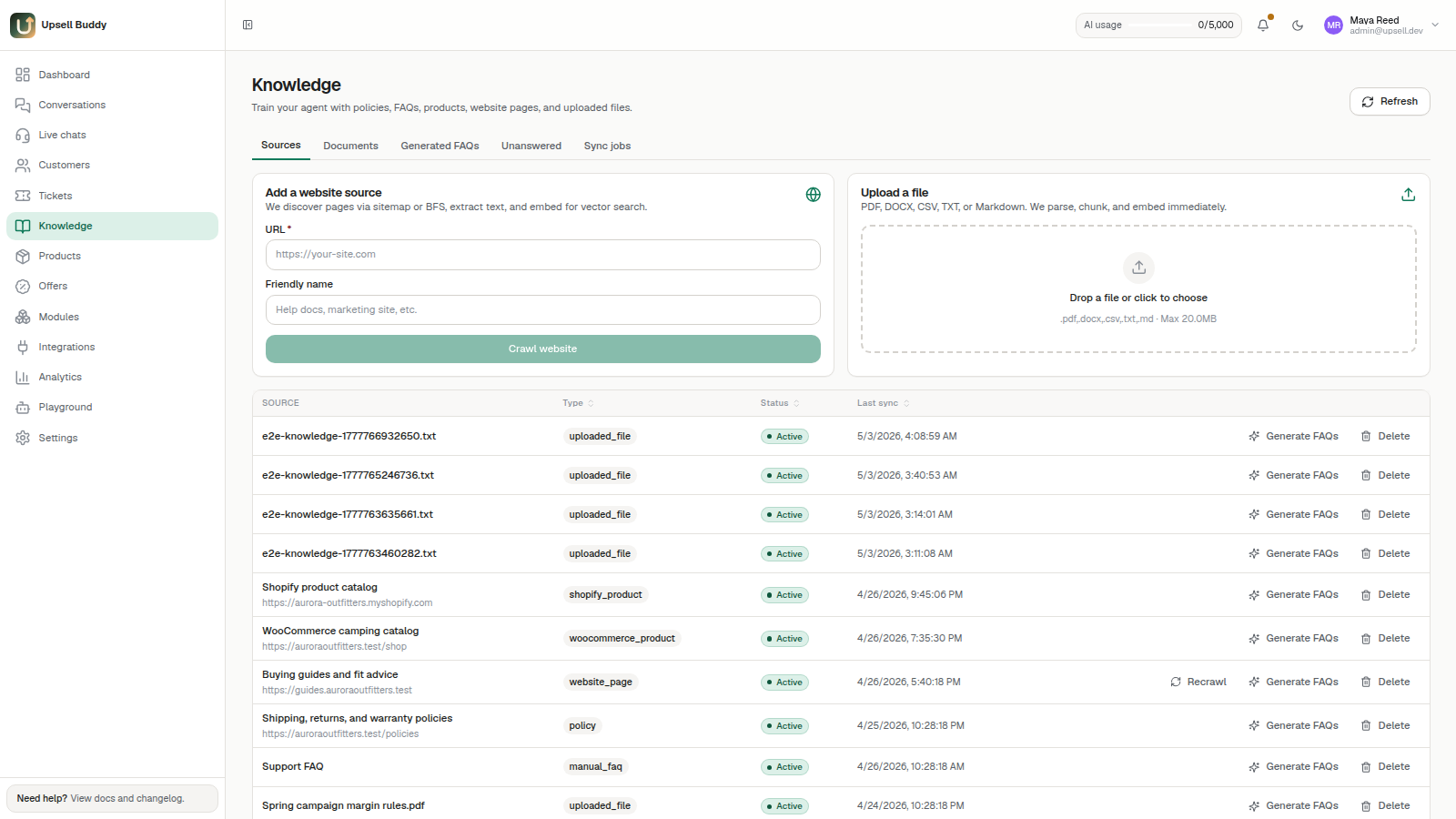Knowledge base in Upsell Buddy showing crawled docs pages